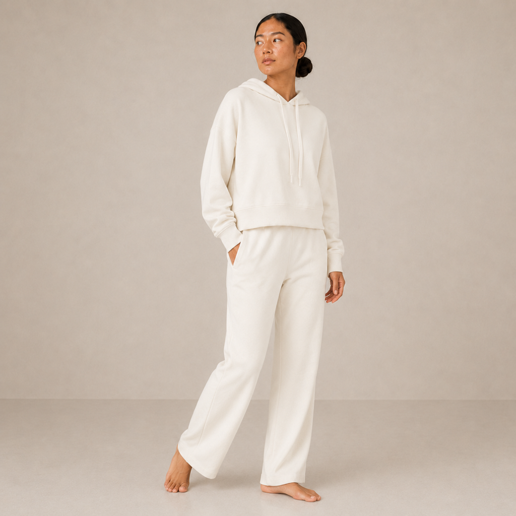 Side-angle view of the ivory Lounge Oversized Hoodie – Soft Form styled with matching wide-leg pants.