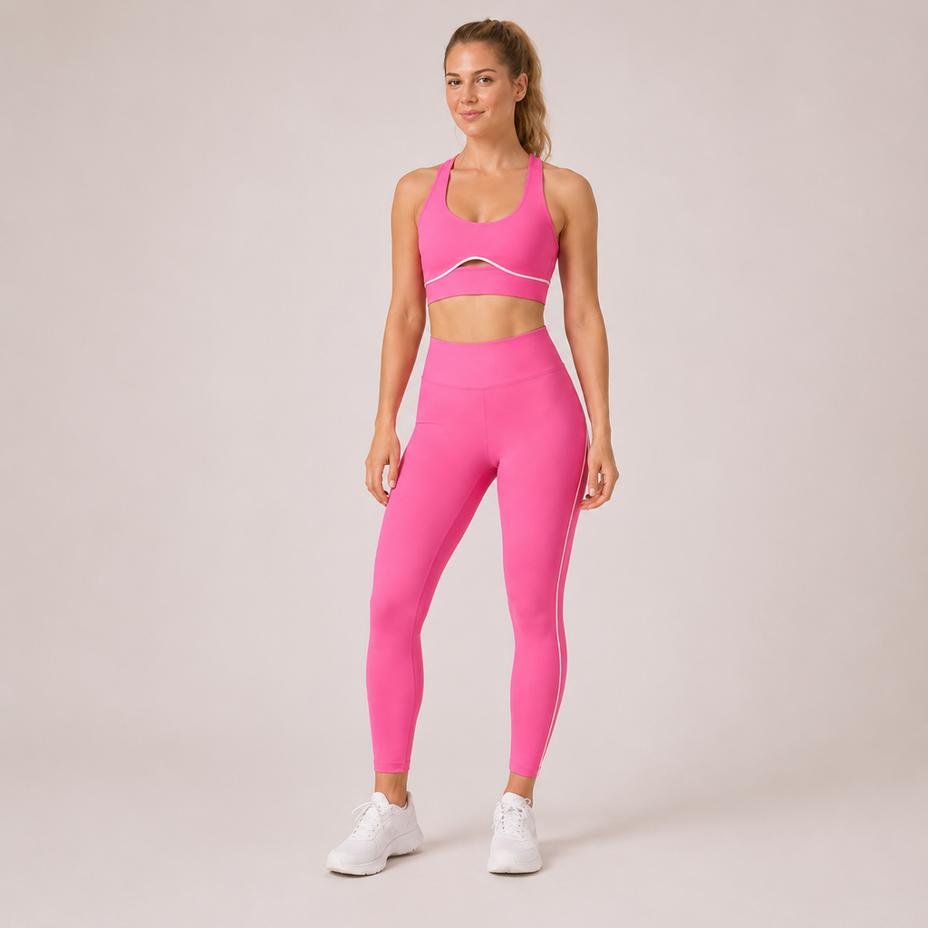 Model wearing the Fitfigura LuxeSculpt™ Contour Legging Set in hot pink with matching sports bra and leggings, shown from the front.