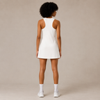 Back view of the white Fitfigura Match Dress – Sculpt Motion Form, showing the rear strap detail and streamlined dress fit.