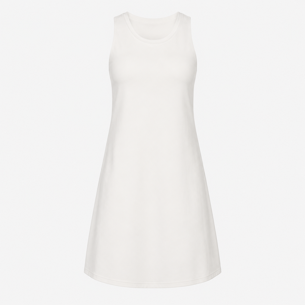 Flat lay of the Fitfigura Match Dress – Sculpt Motion Form in white, showing the sleeveless design, high neckline, and clean hemline.