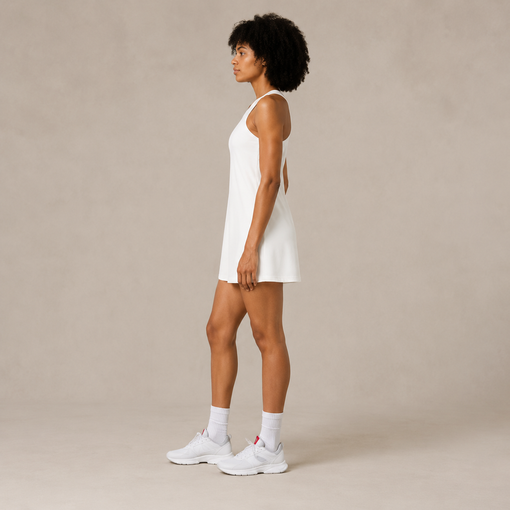Side view of the Fitfigura Match Dress – Sculpt Motion Form in white, showing the smooth fit and straight dress shape.