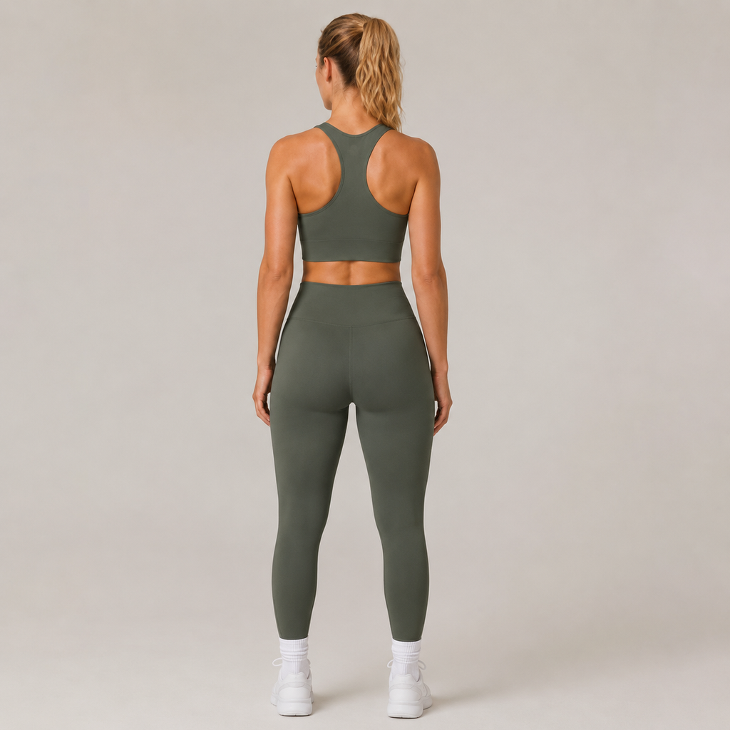 Back view of the Fitfigura Motion Bra – Sculpt Form in olive green, showing the racerback design and matching leggings.