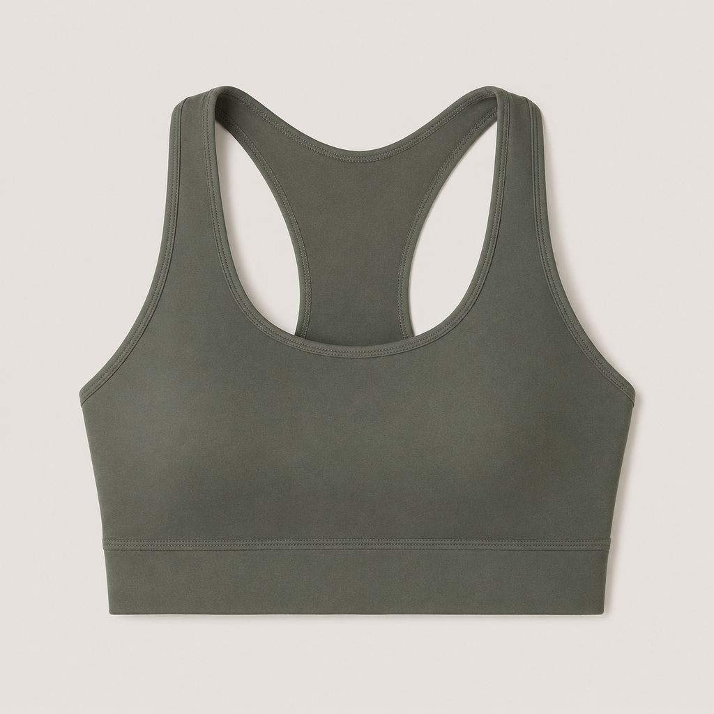 Flat lay of the Fitfigura Motion Bra – Sculpt Form in olive green, showing the racerback shape, scoop neckline, and wide straps.