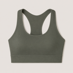 Flat lay of the Fitfigura Motion Bra – Sculpt Form in olive green, showing the racerback shape, scoop neckline, and wide straps.