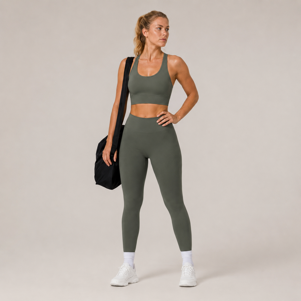 Model wearing the Fitfigura Motion Bra – Sculpt Form in olive green with matching leggings and a black gym bag, shown from the front.