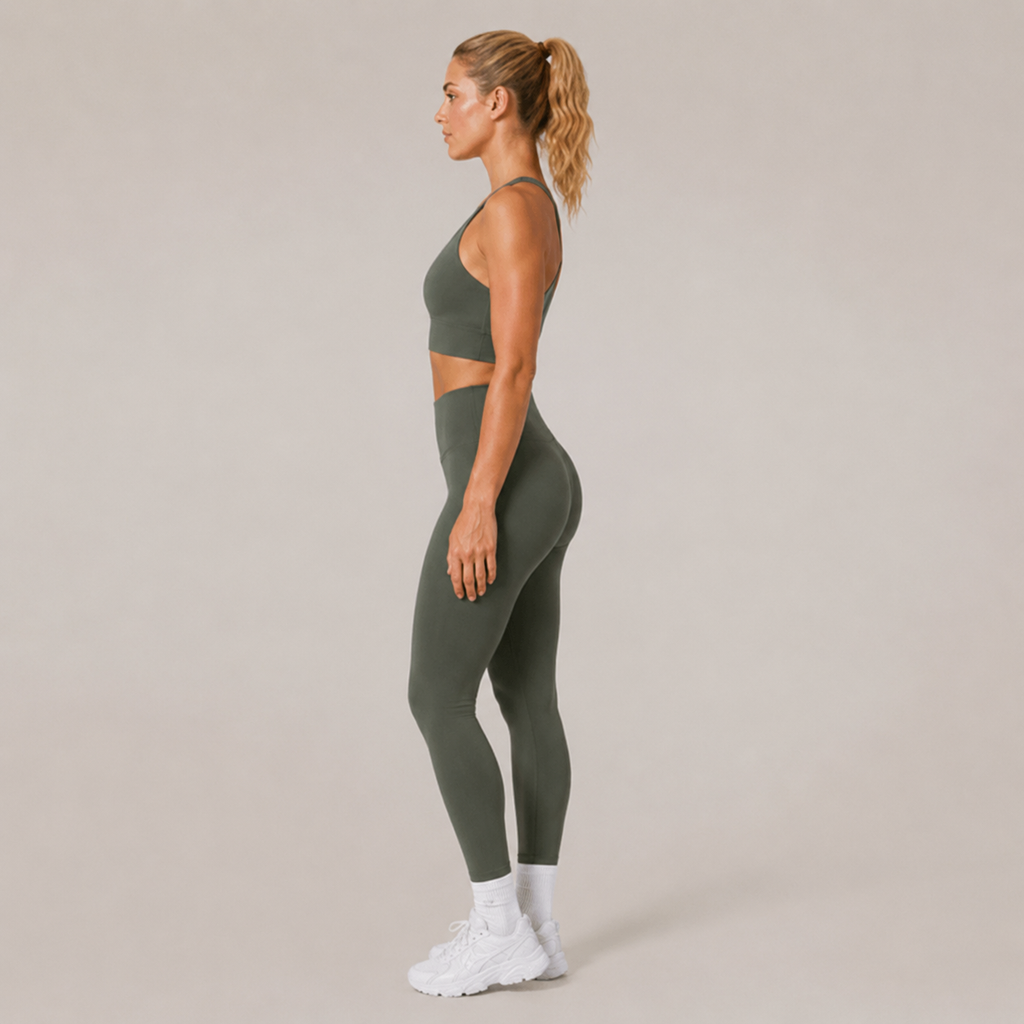 Side view of the Fitfigura Motion Bra – Sculpt Form in olive green, showing the cropped sports bra shape and smooth supportive fit.