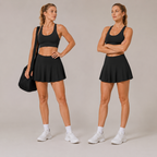 tyled studio image showing two views of the black Fitfigura Motion Skirt – Flow Court Form, highlighting the coordinated activewear look.
