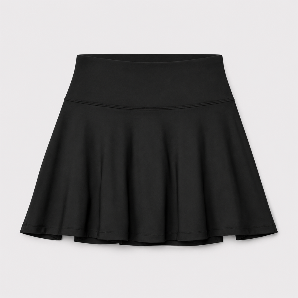 Flat lay of the Fitfigura Motion Skirt – Flow Court Form in black, showing the waistband and softly flared skirt design.