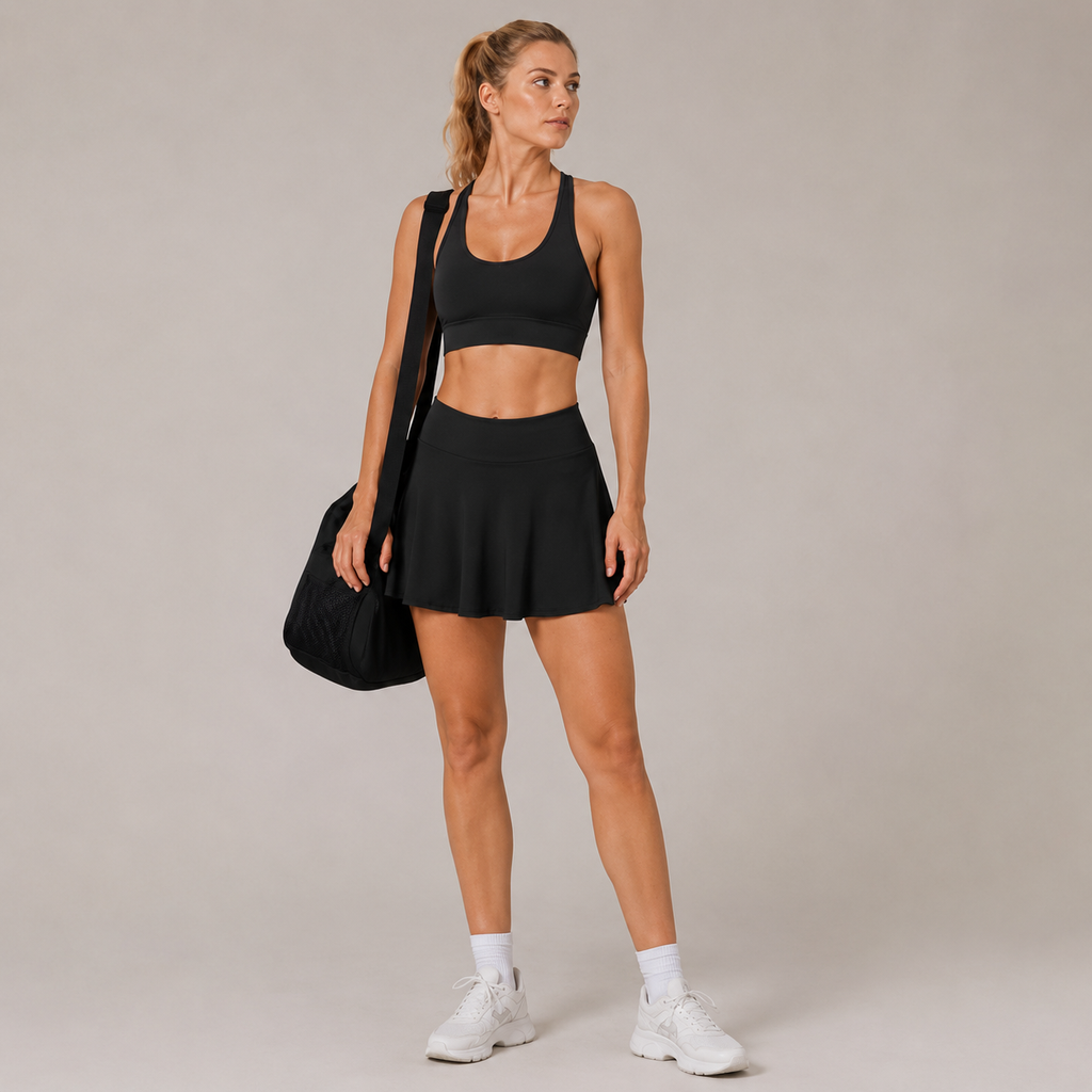 Model wearing the black Fitfigura Motion Skirt – Flow Court Form with a coordinating black top and carrying a black bag.