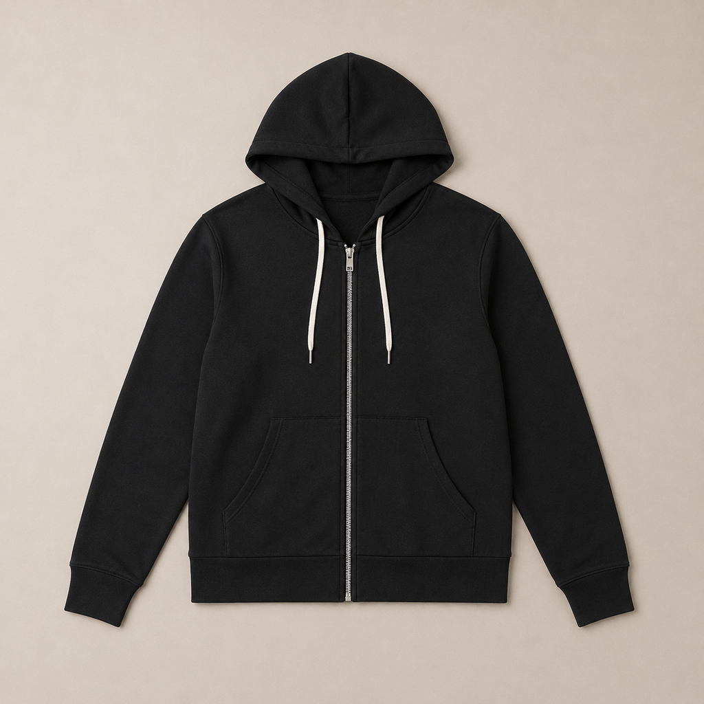 Flat lay of the black Fitfigura Performance Hoodie – Active Form showing the hood, zip-front closure, and long sleeves.