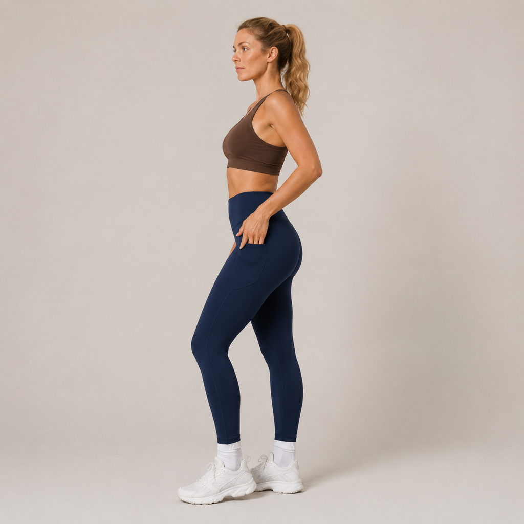 Angled studio view of the Fitfigura Pocket Legging in navy blue, highlighting the smooth sculpting fit through the hips and legs.