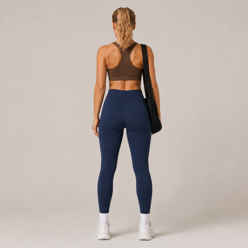 Back view of the navy blue Fitfigura Pocket Legging, showing the rear fit and full-length legging shape.