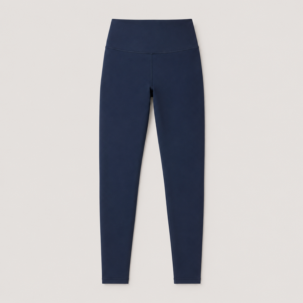 Flat lay of the Fitfigura Pocket Legging in navy blue, showing the high waistband and full-length legging design.