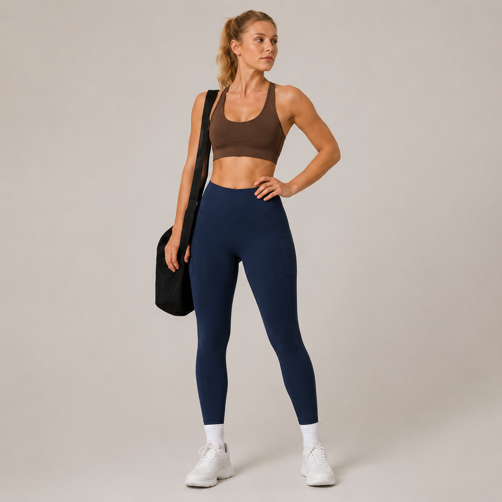 Model wearing the Fitfigura Pocket Legging in navy blue with a brown sports bra, white socks, and a black gym bag, shown from the front.