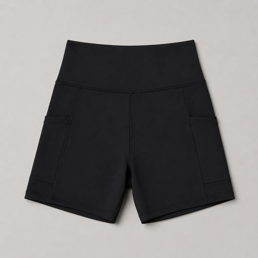 Flat lay of the Fitfigura Pocket Short – Utility Performance Form in black, showing the high waistband and fitted short shape.