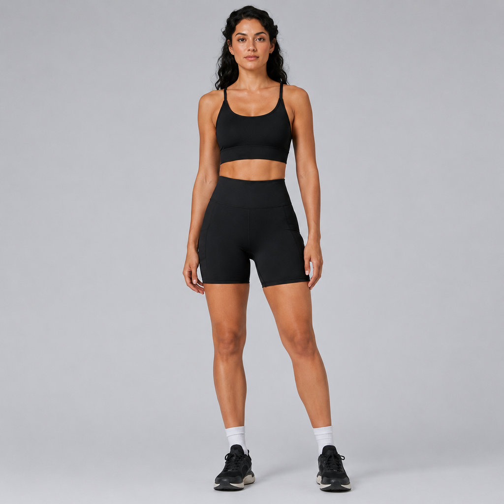 Model wearing the Fitfigura Pocket Short – Utility Performance Form in black with a matching black sports bra and black sneakers, shown from the front.