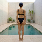 Back view of the Fitfigura Rib Bikini – Texture Form in blue patterned print, showing the rear fit of the bikini top and matching bottoms.