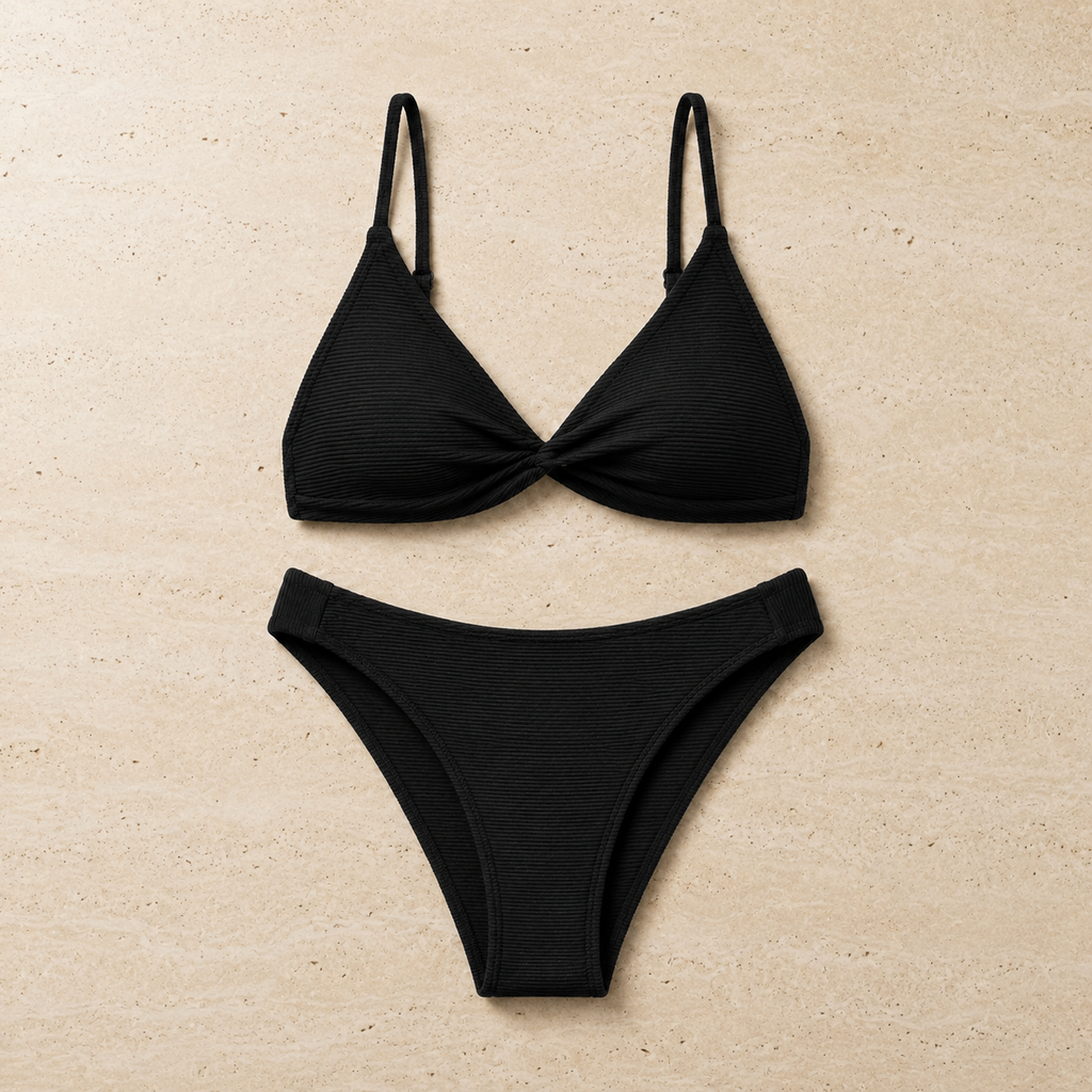 Flat lay of the Fitfigura Rib Bikini – Texture Form in blue patterned print, featuring a textured bikini top and matching bikini bottoms.