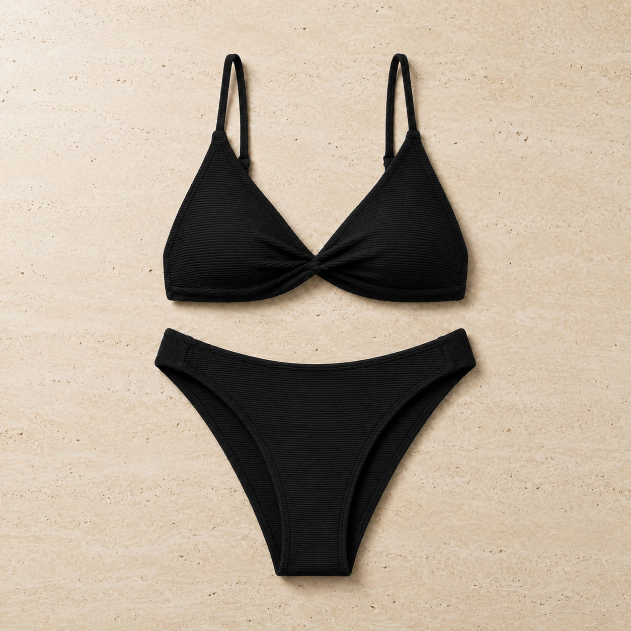 Flat lay of the Fitfigura Rib Bikini – Texture Form in blue patterned print, featuring a textured bikini top and matching bikini bottoms.