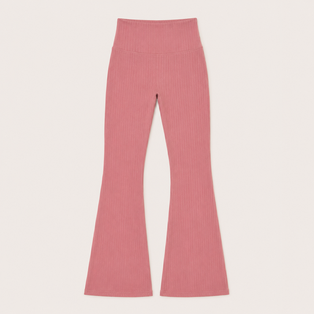 Flat lay of the Fitfigura Rib Knit Flare Pant – Textured Luxe Form in dusty pink, showing the high waist and full-length flared leg design.