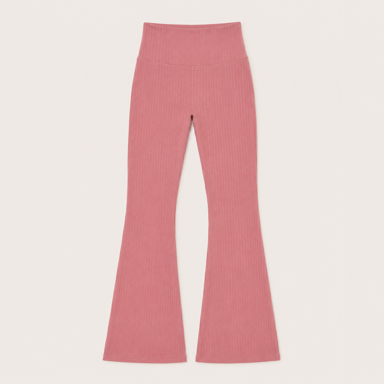 Flat lay of the Fitfigura Rib Knit Flare Pant – Textured Luxe Form in dusty pink, showing the high waist and full-length flared leg design.