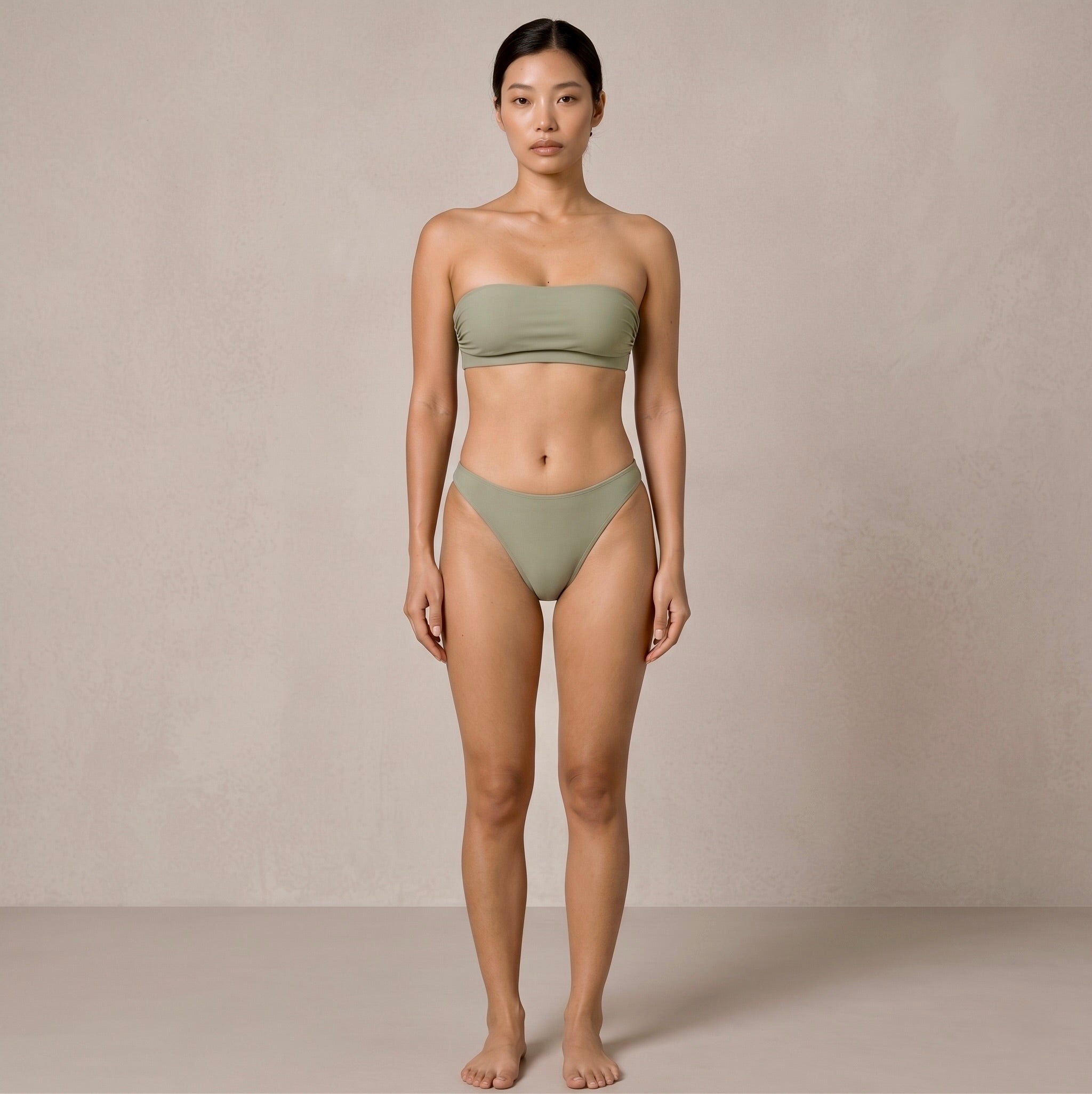 Front studio view of the Fitfigura Sculpt Bikini – Contour Form in sage green, showing the balanced shape and contour design of the two-piece set.