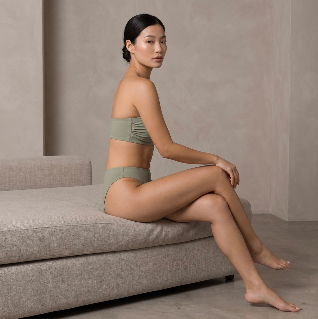 Model seated indoors in the sage green Fitfigura Sculpt Bikini – Contour Form, showing the bandeau top and matching high-cut bikini bottoms.