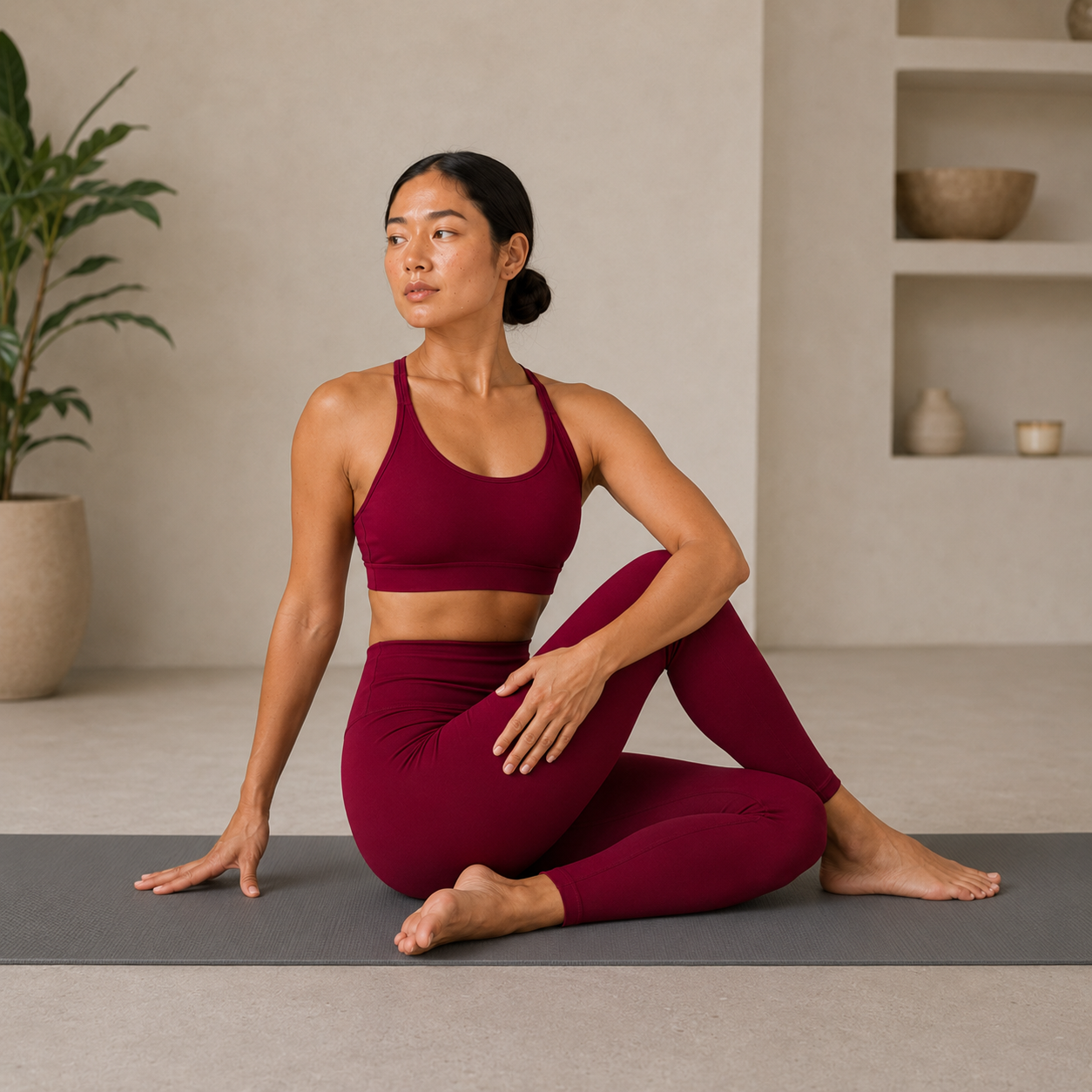 Model seated in the burgundy Fitfigura Sculpt Butterlift Leggings with a matching sports bra, highlighting the flexible activewear fit.