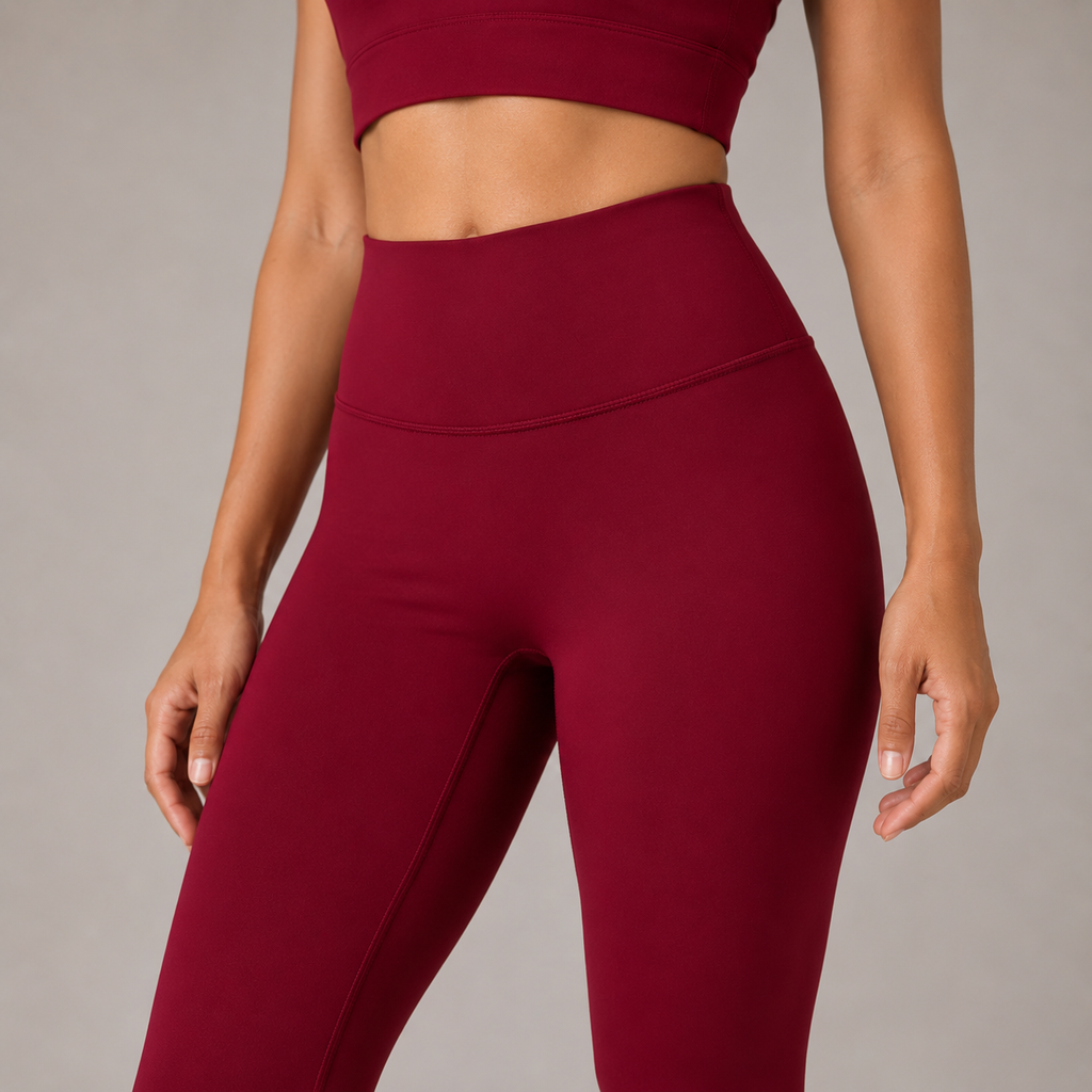 Close-up of the burgundy Fitfigura Sculpt Butterlift Leggings showing the high waistband and smooth stretch fabric.