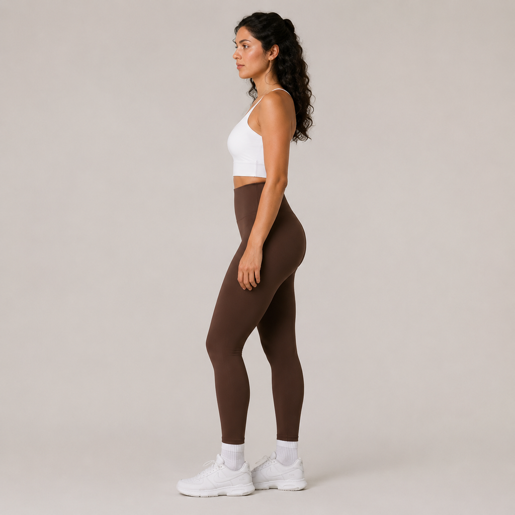 Angled side view of the Fitfigura Sculpt Legging in dark brown, highlighting the smooth sculpting fit through the hips and legs.