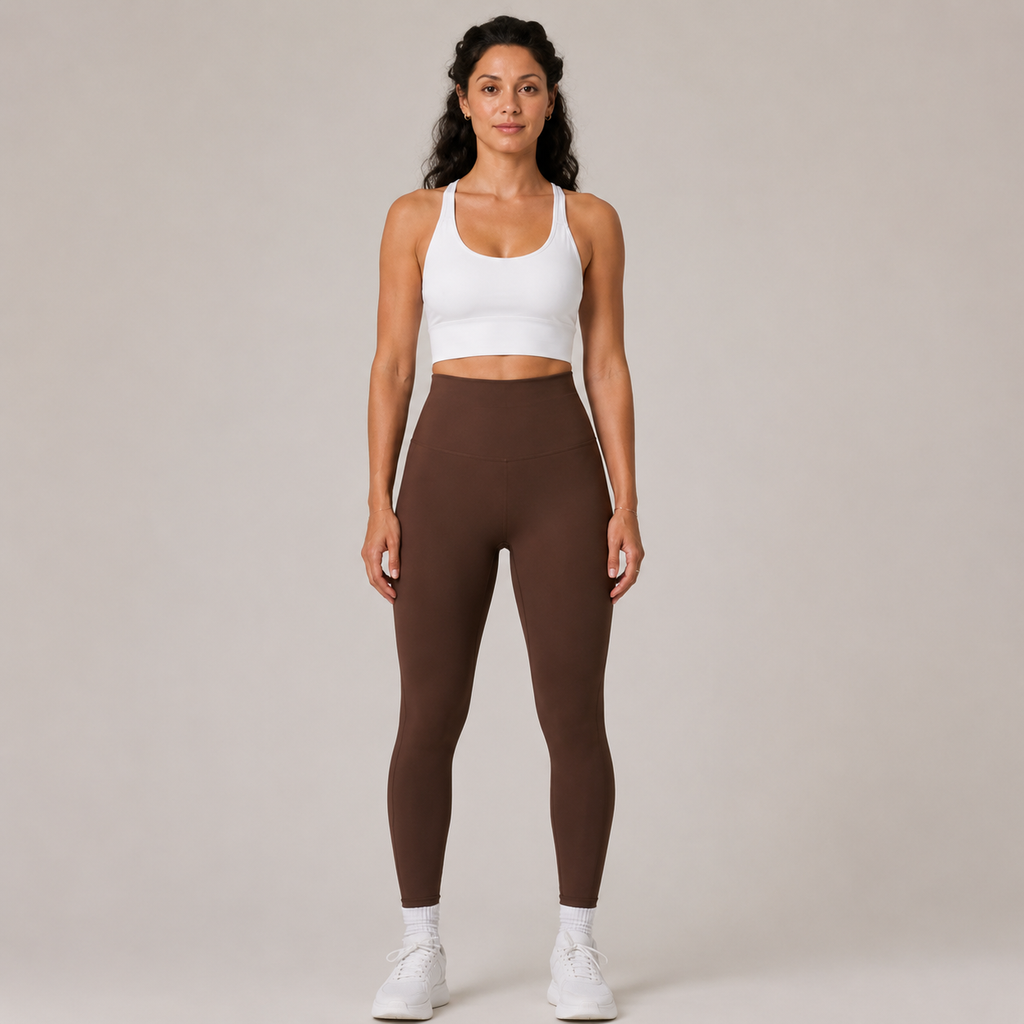 Model wearing the Fitfigura Sculpt Legging in dark brown with a white crop top and white socks, shown from the front.