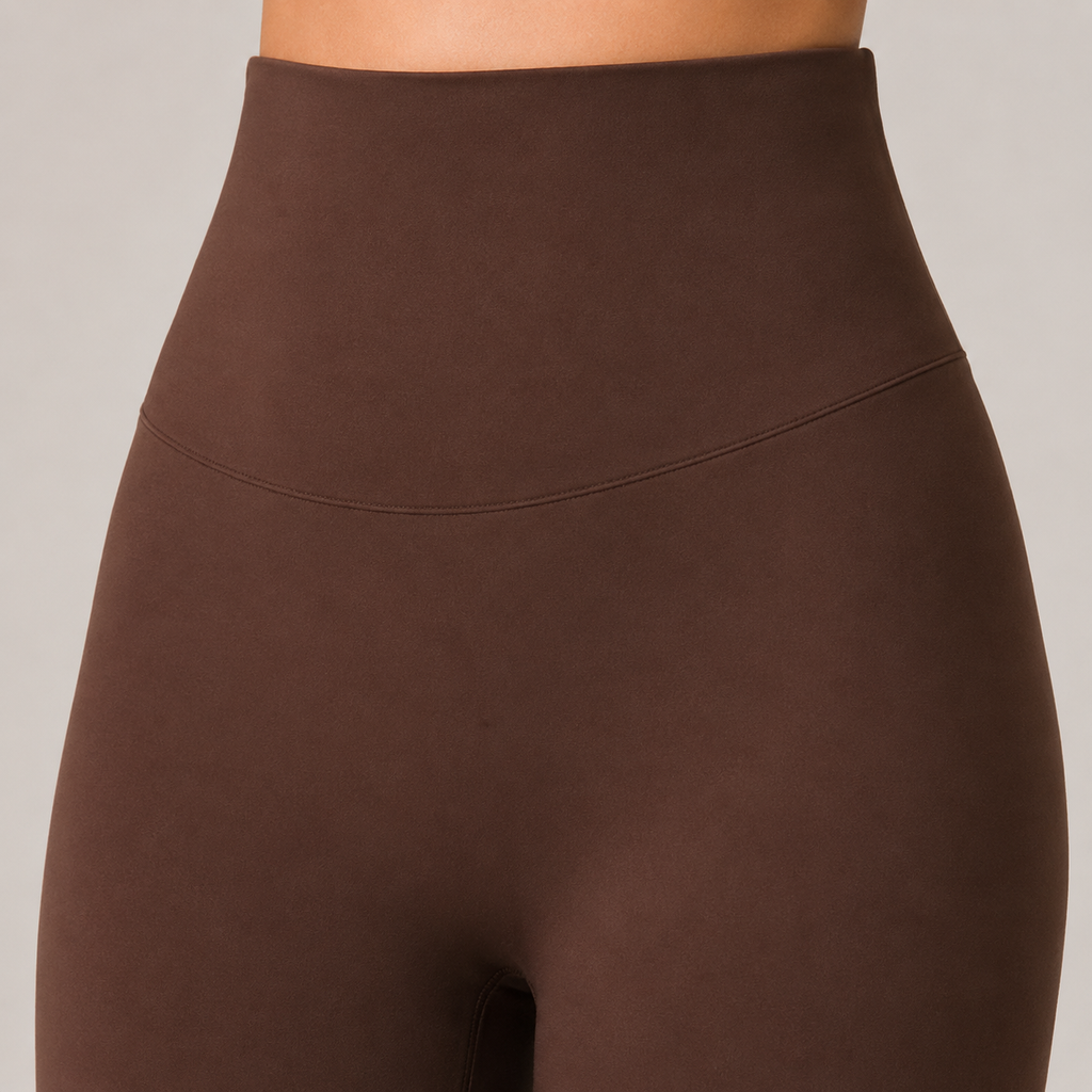 Close-up of the dark brown Fitfigura Sculpt Legging showing the high-rise waistband and smooth contour fit.