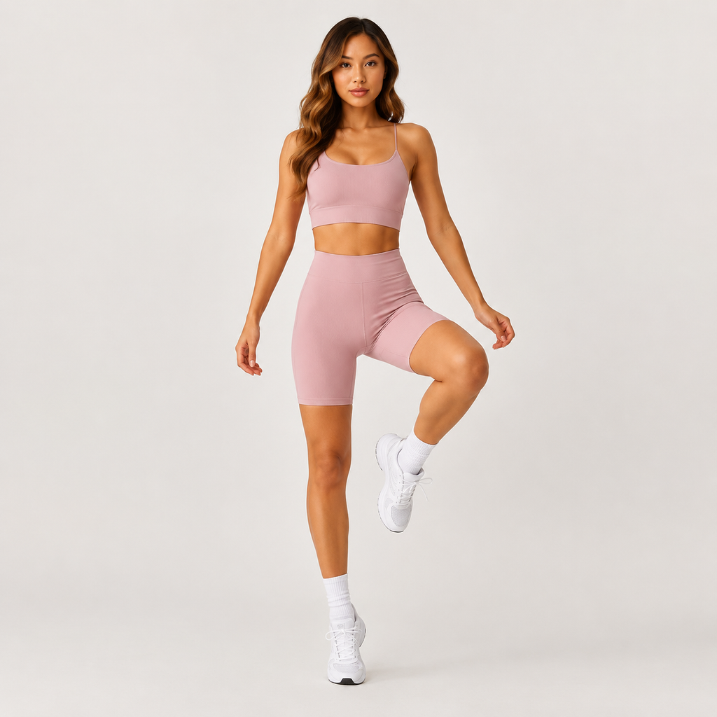 Model wearing the light pink Fitfigura Sculpt Short 6” – Performance Sculpt Form in an active leg-lift pose, highlighting movement and comfort.