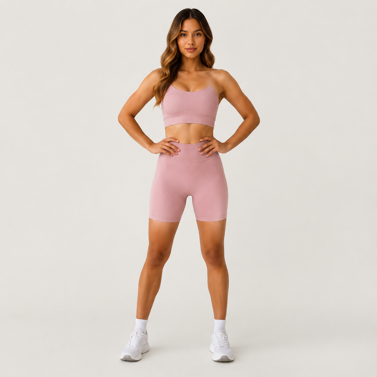 Model wearing the Fitfigura Sculpt Short 6” – Performance Sculpt Form in light pink with a matching sports bra, white socks, and white sneakers, shown from the front.