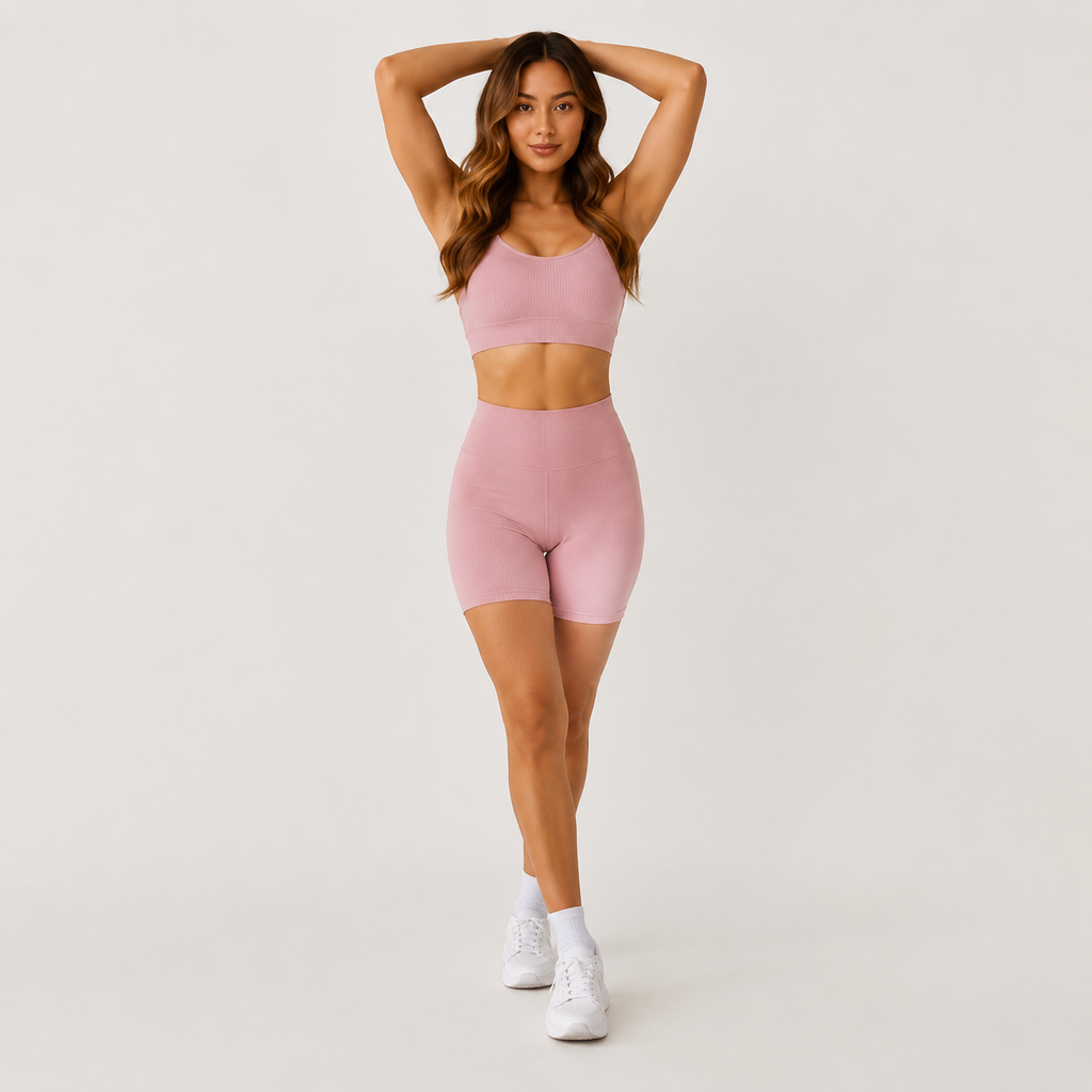 Model posing in the light pink Fitfigura Sculpt Short 6” – Performance Sculpt Form with arms raised, highlighting the high-waisted fit and sculpting short length.