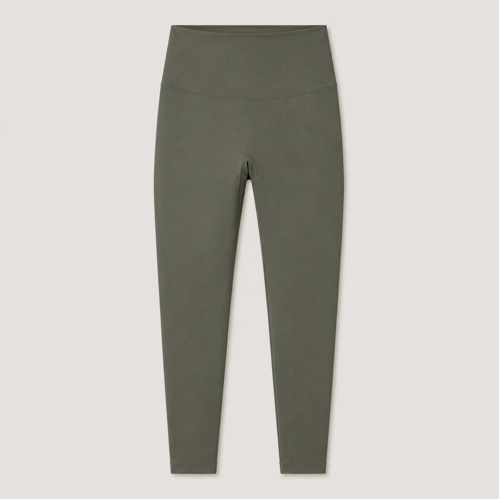 Flat lay of the Fitfigura Seamless Legging in olive green, showing the high waistband and full-length seamless design.