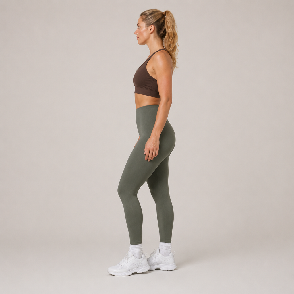 Side view of the olive green Fitfigura Seamless Legging, showing the high-waisted fit and full-length silhouette.