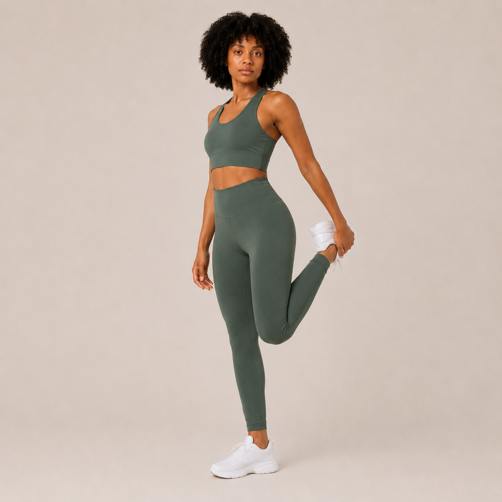 Model wearing the sage green Fitfigura Seamless Set – Performance Sculpt Form in a leg-lift pose, highlighting the stretch and movement-ready design.