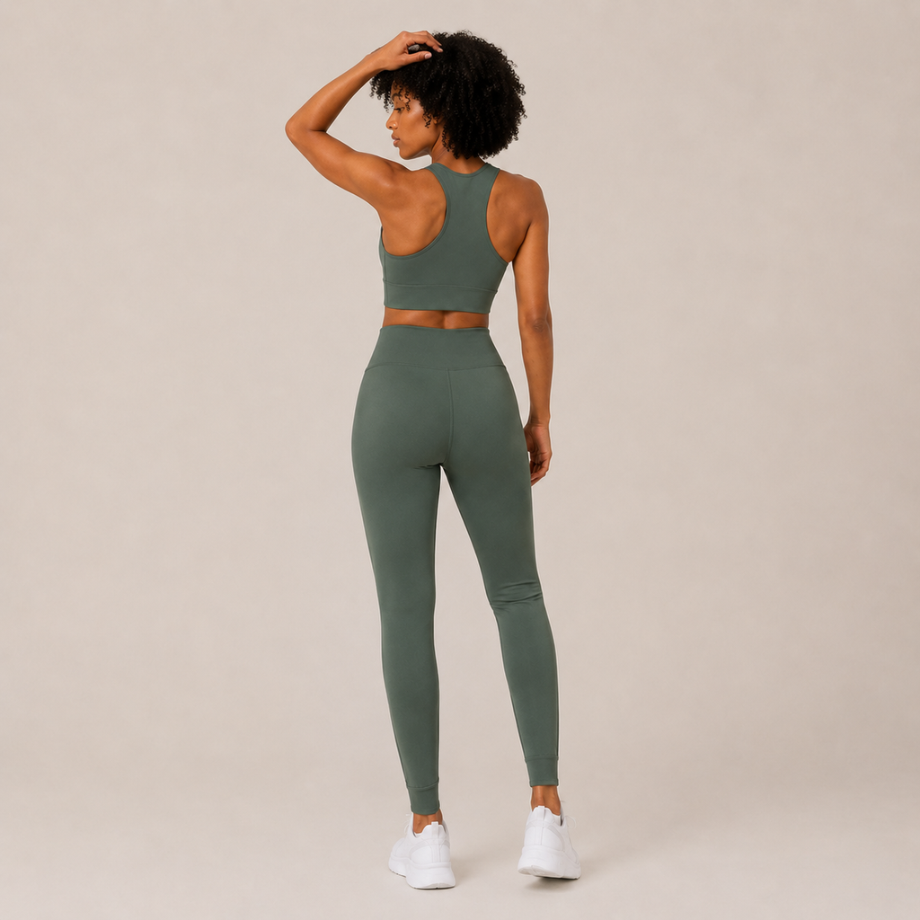 Rear angled view of the sage green Fitfigura Seamless Set – Performance Sculpt Form, highlighting the smooth sculpted fit and matching leggings.