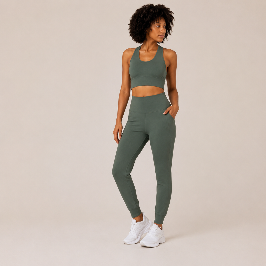 Full-body studio view of the sage green Fitfigura Seamless Set – Performance Sculpt Form, showing the coordinated crop top and leggings.