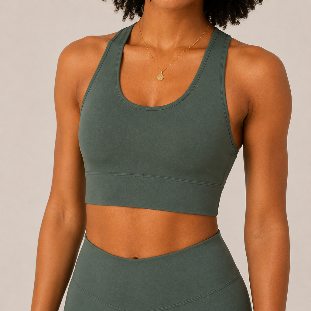 Close-up of the sage green Fitfigura Seamless Set – Performance Sculpt Form showing the sleeveless crop top, scoop neckline, and smooth performance fabric.