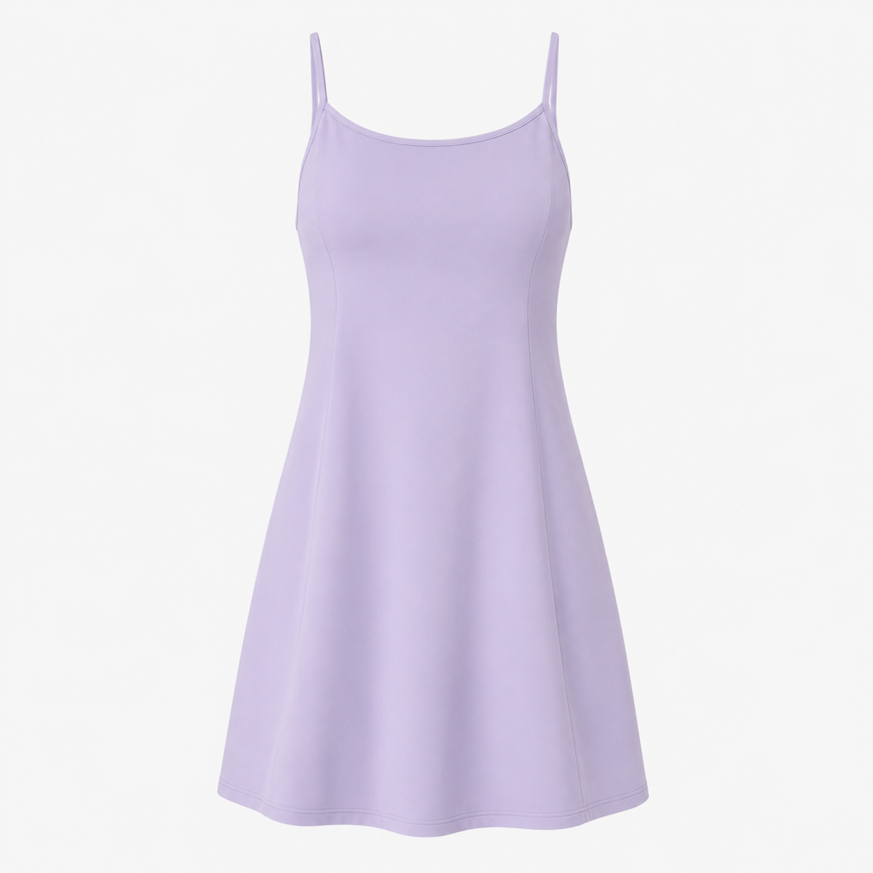 Flat lay of the Fitfigura Serve Dress – Elite Court Form in light purple, showing the slim straps, scoop neckline, and flared hem.
