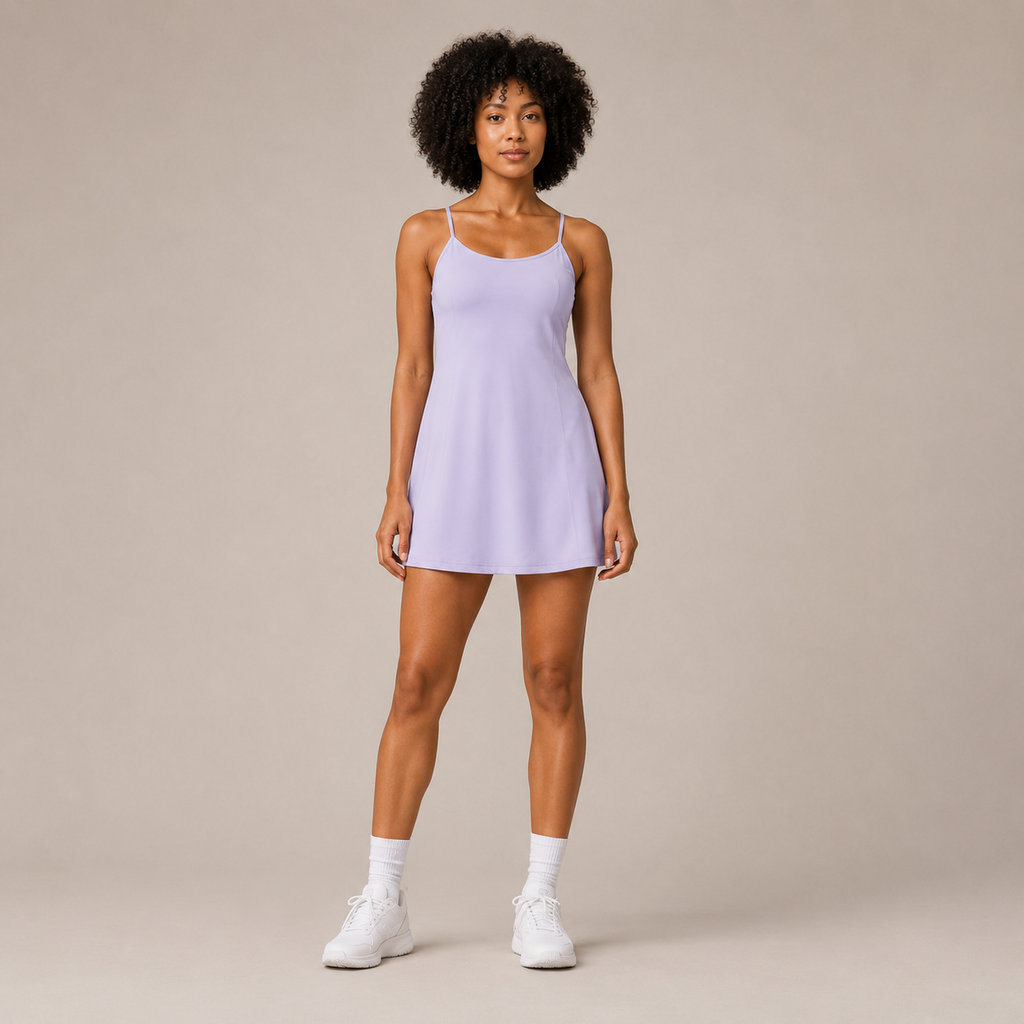 Model wearing the Fitfigura Serve Dress – Elite Court Form in light purple with white socks and white sneakers, shown from the front.