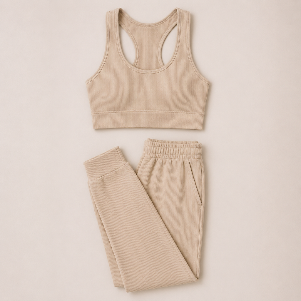 Flat lay of the Fitfigura Soft Ribbed Set – Luxe Comfort Form in cream, featuring a sleeveless crop top and matching jogger pants.