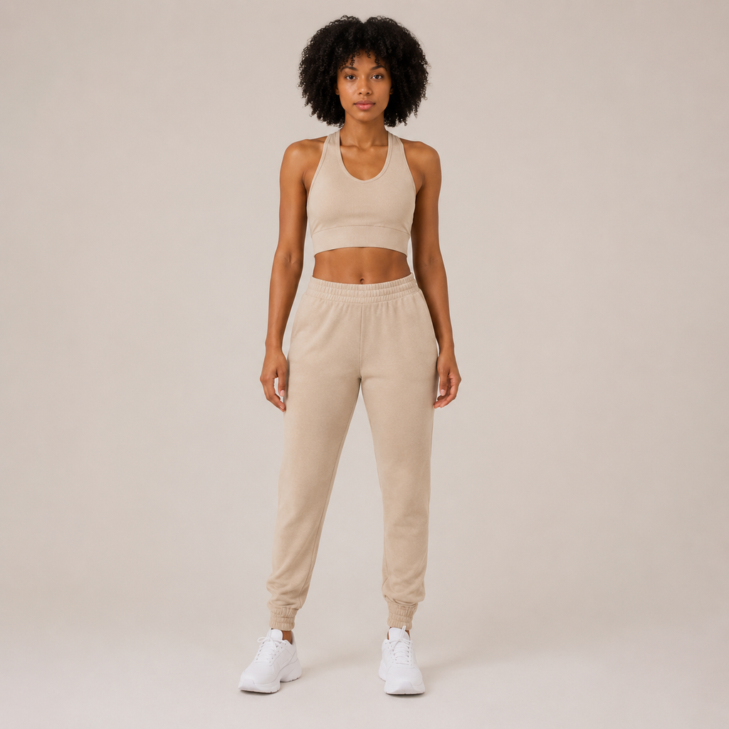 Model wearing the Fitfigura Soft Ribbed Set – Luxe Comfort Form in cream, featuring a sleeveless crop top and relaxed jogger pants, shown from the front.