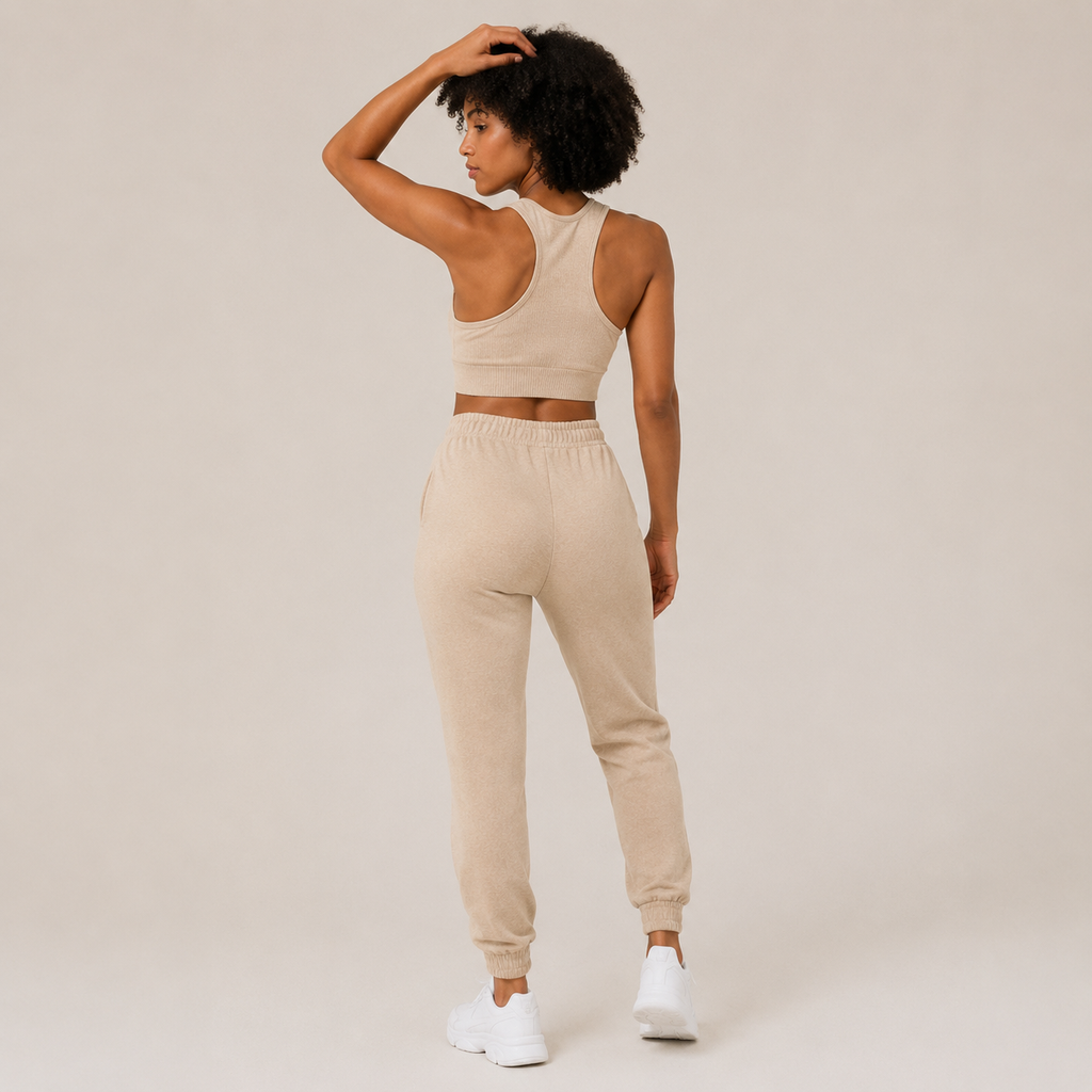 Rear angled view of the cream Fitfigura Soft Ribbed Set – Luxe Comfort Form, highlighting the relaxed jogger fit and soft movement design.