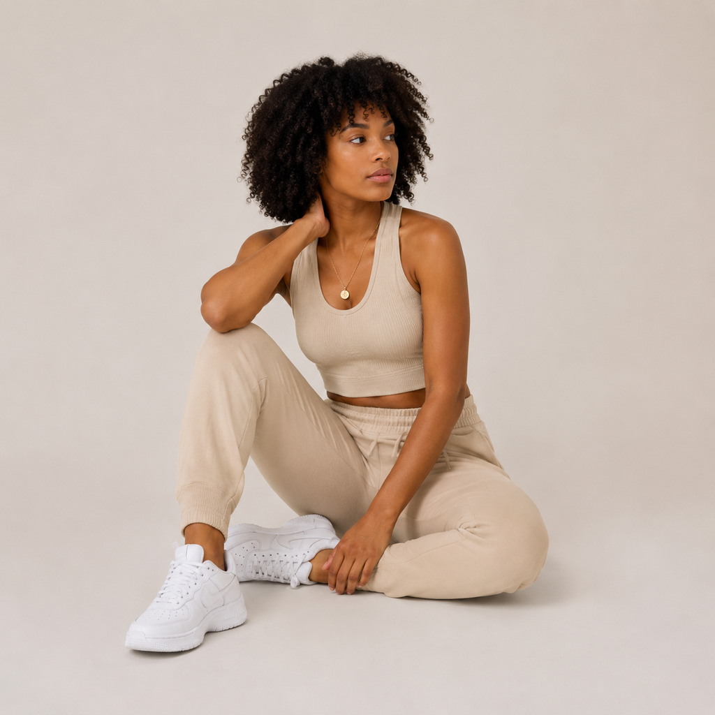 Model seated in the cream Fitfigura Soft Ribbed Set – Luxe Comfort Form, showing the comfortable lounge fit and soft ribbed fabric.
