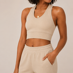 Close-up of the cream Fitfigura Soft Ribbed Set – Luxe Comfort Form showing the sleeveless crop top, neckline, and ribbed fabric texture.