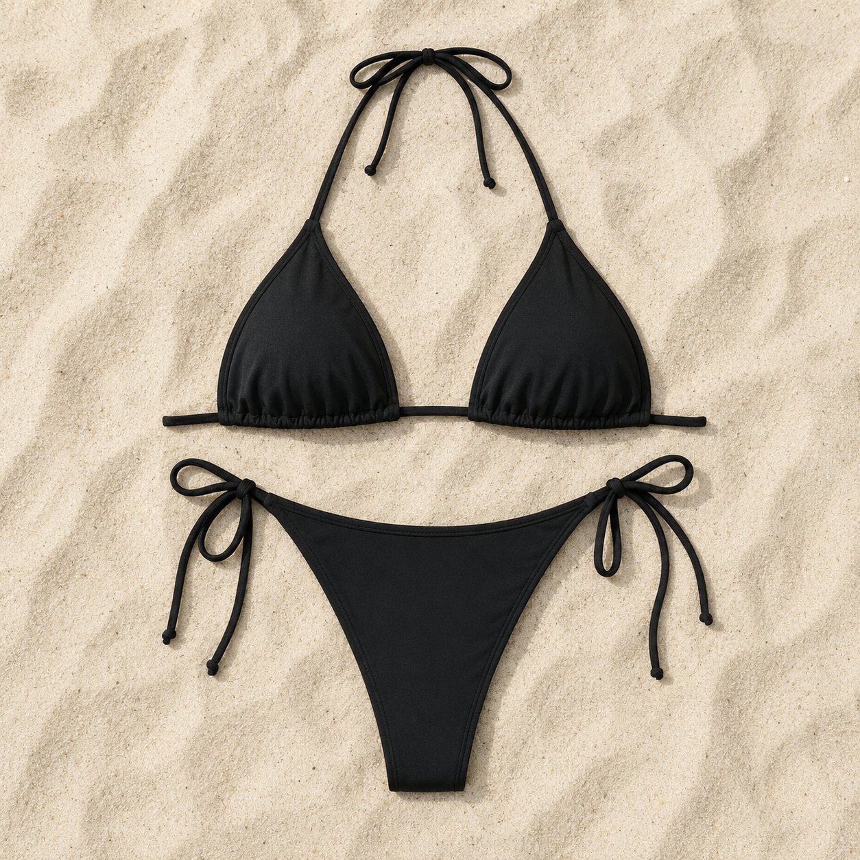 Flat lay of the Fitfigura Strap Bikini – Minimal Form in black, featuring the bikini top and matching bottoms arranged on a neutral background.