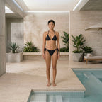 Full-body front view of the black Fitfigura Strap Bikini – Minimal Form, showing the clean fit of the bikini top and bottoms.